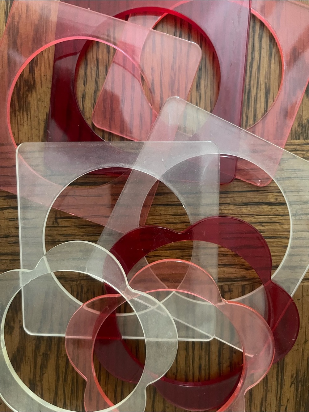 Acrylic Red and Clear Geometric Vintage Lucite Bangles, Set of 8